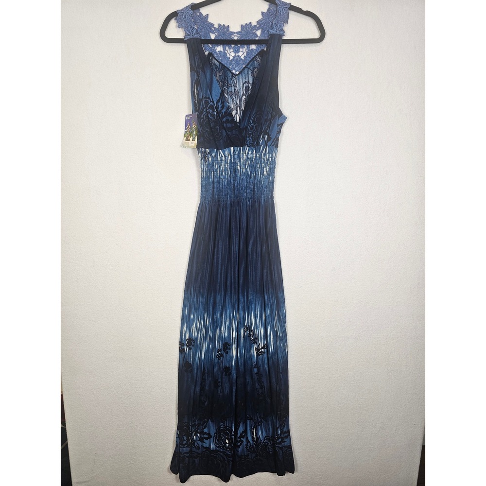 Boho Chic CM Floral Lace Maxi Dress Womens Large Blue Smocked V-Neck Sleeveless